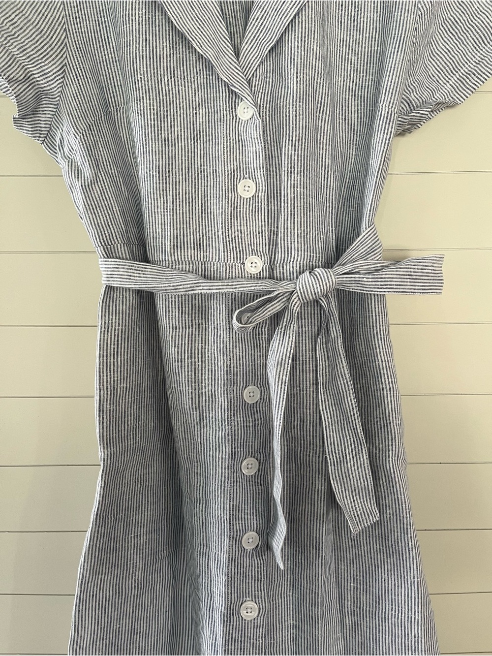 Quince 100% Linen Blue White Pinstripe Midi Dress with Tie Waist Buttons - Large - Picture 6 of 10
